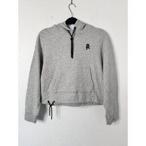 Monstercat Womens Pull Over Drawstring Crop Silver Hoodie Kangaroo Pockets Sz M